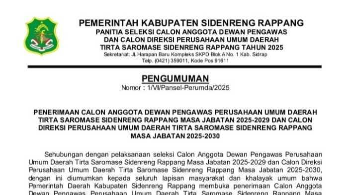 Pemkab Sidrap Buka Pendaftaran Calon Dewan Pengawas dan Direksi Perusda Tirta Saromase, Batas Umur 55 Tahun